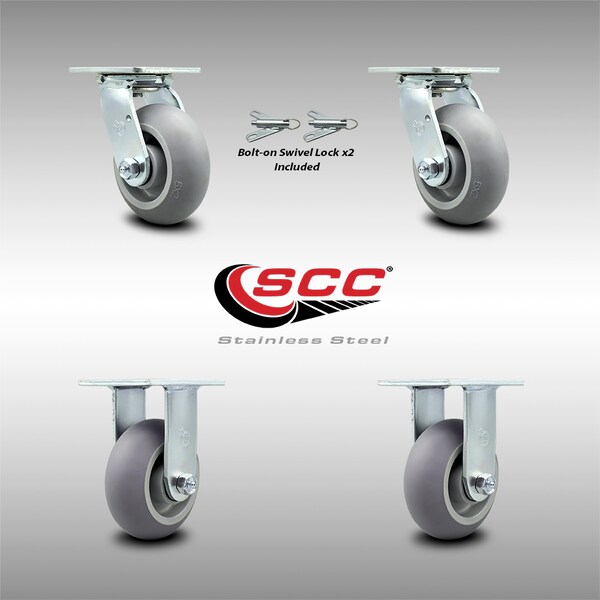 5 Inch SS Thermoplastic Caster Set with Roller Bearing 2 Swivel Lock 2 Rigid SCC